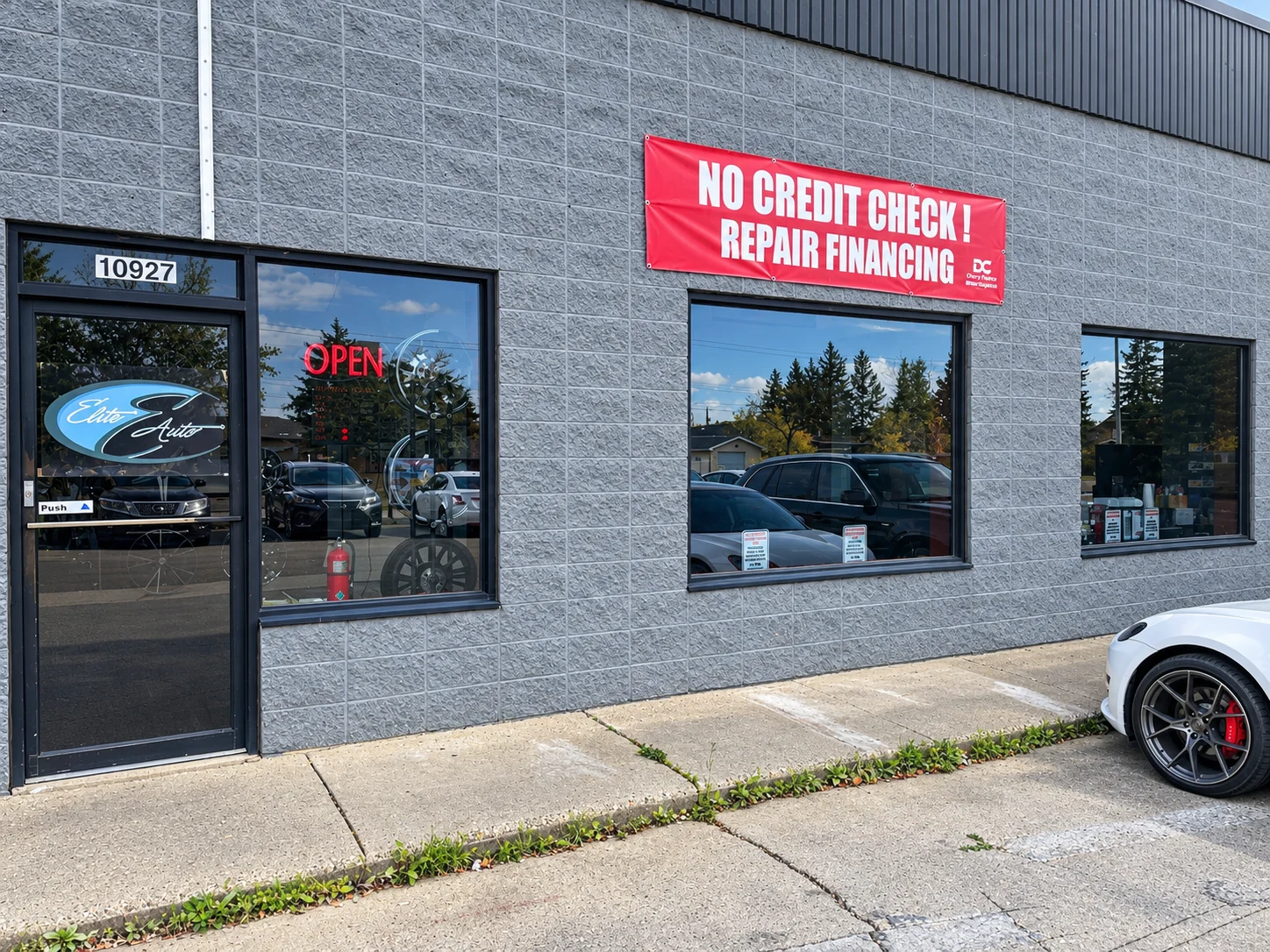 Front entrance at 10927 with open sign
