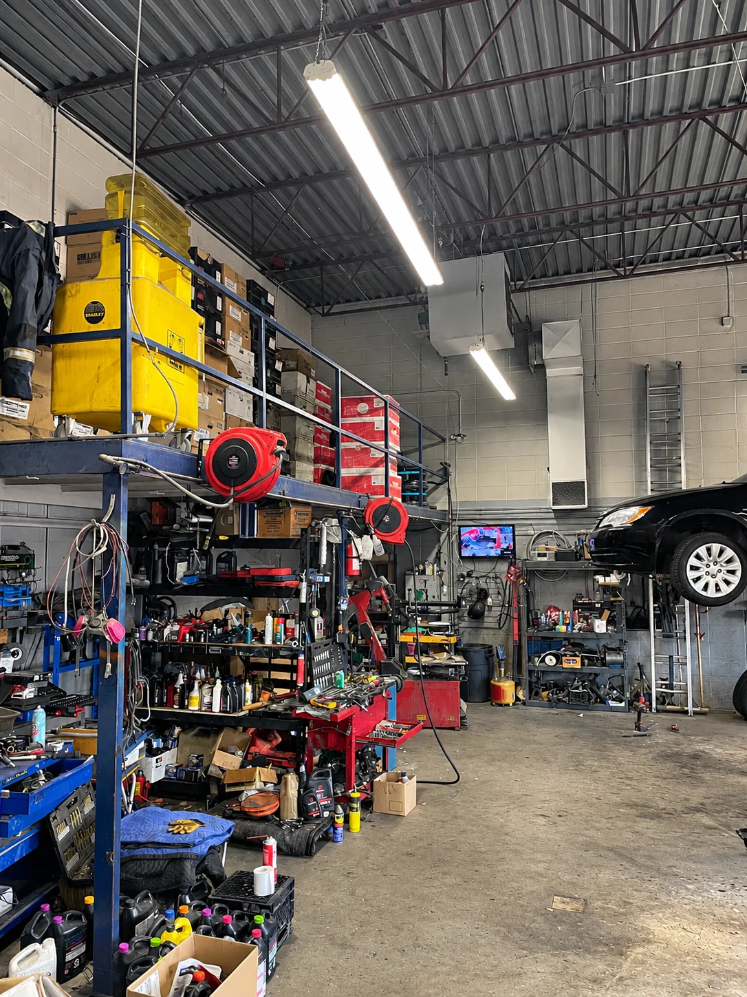 Elite Autoworks workshop with lifts, parts shelving and tool storage